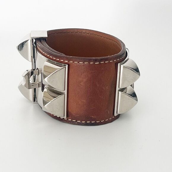 Hermès Collier De Chien CDC Bracelet Leather Brown Palladium Sz Small T1 Barenia - Picture 3 of 16